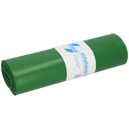 A rolled-up DEISS trash bag 575x1000x0.06 mm made of recycled LDPE 70 l from EMIL DEISS KG (GmbH + Co.) with a white-blue label with text and graphics, neatly placed on a simple white background.
