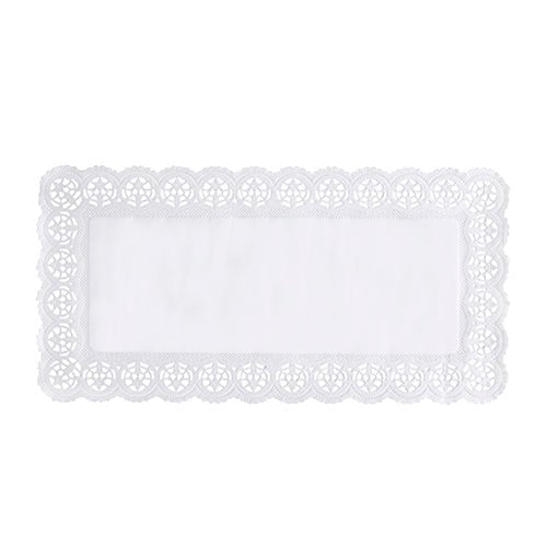 The PAPSTAR lace papers square 40x20 cm, white (6 pieces) from PAPSTAR GmbH feature a rectangular, white lace doily with a plain center and intertwined edge, ideal for table decoration, depicted on a simple white background.