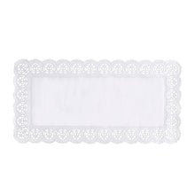 The PAPSTAR lace papers square 40x20 cm, white (6 pieces) from PAPSTAR GmbH feature a rectangular, white lace doily with a plain center and intertwined edge, ideal for table decoration, depicted on a simple white background.