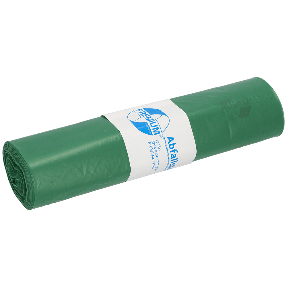 A roll of DEISS 12730 green plastic garbage bags (575x1000 mm, 25 pieces) from EMIL DEISS KG (GmbH + Co.), with a white-blue label with text, logo, and product information, wrapped around the middle.