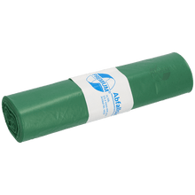 A roll of DEISS 12730 green plastic garbage bags (575x1000 mm, 25 pieces) from EMIL DEISS KG (GmbH + Co.), with a white-blue label with text, logo, and product information, wrapped around the middle.