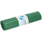 A roll of DEISS 12730 green plastic garbage bags (575x1000 mm, 25 pieces) from EMIL DEISS KG (GmbH + Co.), with a white-blue label with text, logo, and product information, wrapped around the middle.