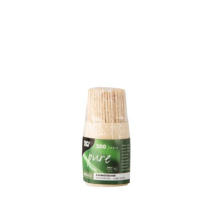 The PAPSTAR toothpick "pure" dispenser from PAPSTAR GmbH dispenses 200 round, 6.8 cm long wooden toothpicks and features a transparent plastic container with a ribbed lid and green-white label for easy access.