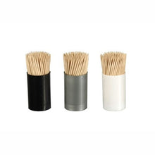Three cylindrical black, gray, and white containers, filled with PAPSTAR round wooden toothpicks, 6.8 cm (450 pieces) from PAPSTAR GmbH, are arranged side by side against a plain white background.