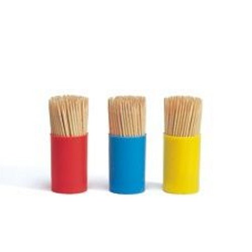 Three small containers from PAPSTAR GmbH, each filled with PAPSTAR round wooden toothpicks (6.8 cm, 450 pieces), are standing in the colors red, blue, and yellow from left to right side by side on a plain white background.