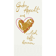 On the Duni GmbH tissue napkins 40x40 cm, 2-ply, 1/8 head fold, it says handwritten "Enjoy your meal and welcome" in gold and pink with a partial gold heart. The package contains 300 napkins.