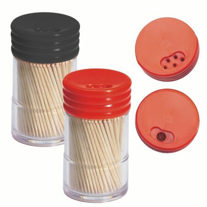 Two transparent plastic dispensers of PAPSTAR wooden round toothpicks, 6.5 cm (260 pieces) from PAPSTAR GmbH - with black and red twist caps. Close-ups show the holes in the red dispenser twist cap for dispensing toothpicks.