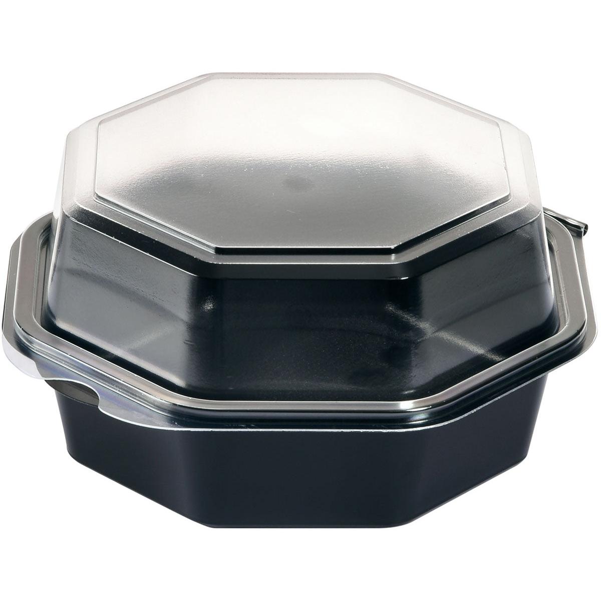 The Duni GmbH Octaview® Black/Transparent PS 160x160x80 mm Box (405 pieces) is a premium food container made of polystyrene with a clear, attached lid - ideal for professional food presentation.