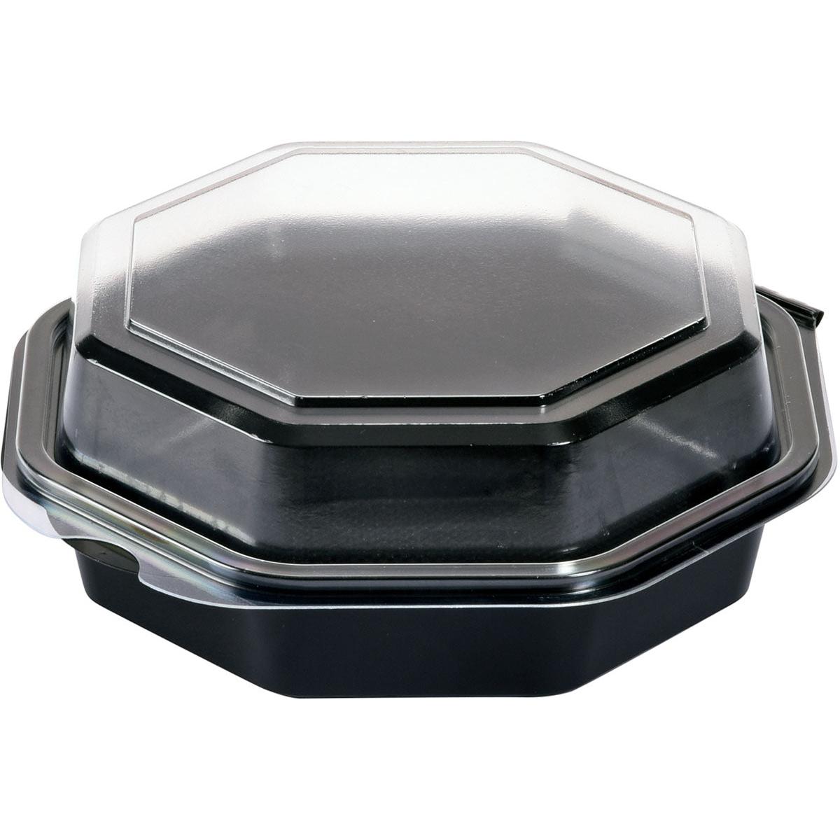 The Octaview® PS Black/Transparent 160x160x60 mm box from Duni GmbH features a clear, octagonal lid attached to a black base, allowing for a stylish presentation - closed on a white background. The package contains 405 pieces.