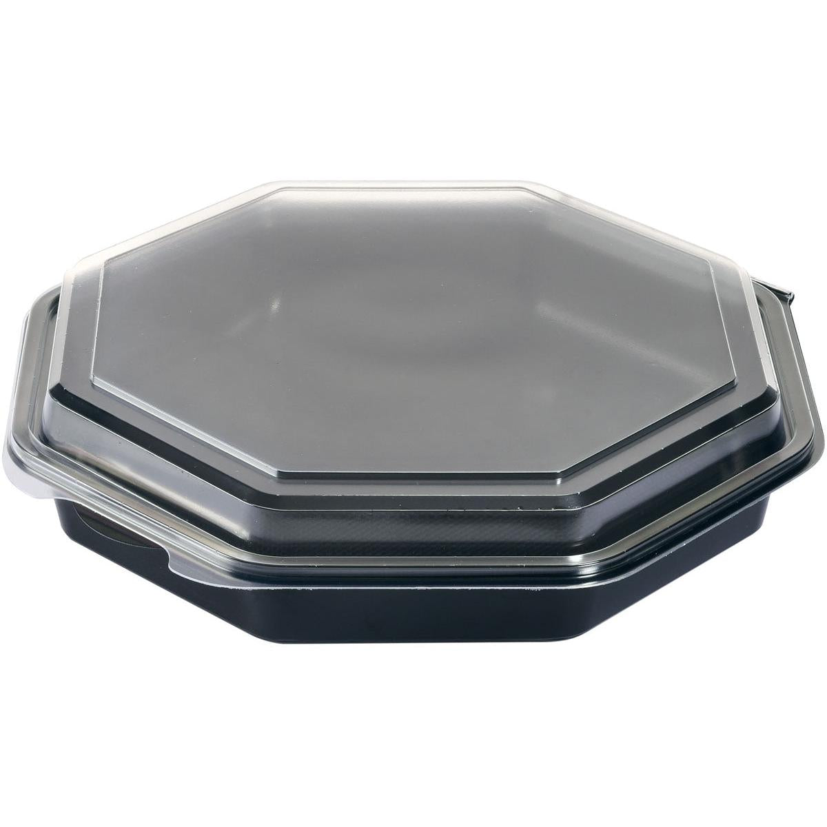 A Duni GmbH Octaview® Black/Transparent Takeout Container (230x230x50 mm, high-quality PS plate) with a clear, attached lid is shown in an angled top view against a white background. Package: 190 pieces.