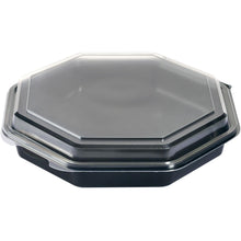 A Duni GmbH Octaview® Black/Transparent Takeout Container (230x230x50 mm, high-quality PS plate) with a clear, attached lid is shown in an angled top view against a white background. Package: 190 pieces.