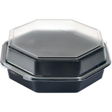 A Duni GmbH Octaview® Black/Transparent 230x230x80 mm box (pack of 180 pieces) with a clear lid is shown from a slightly elevated angle on white - ideal as a transparent storage or presentation box for fresh food.