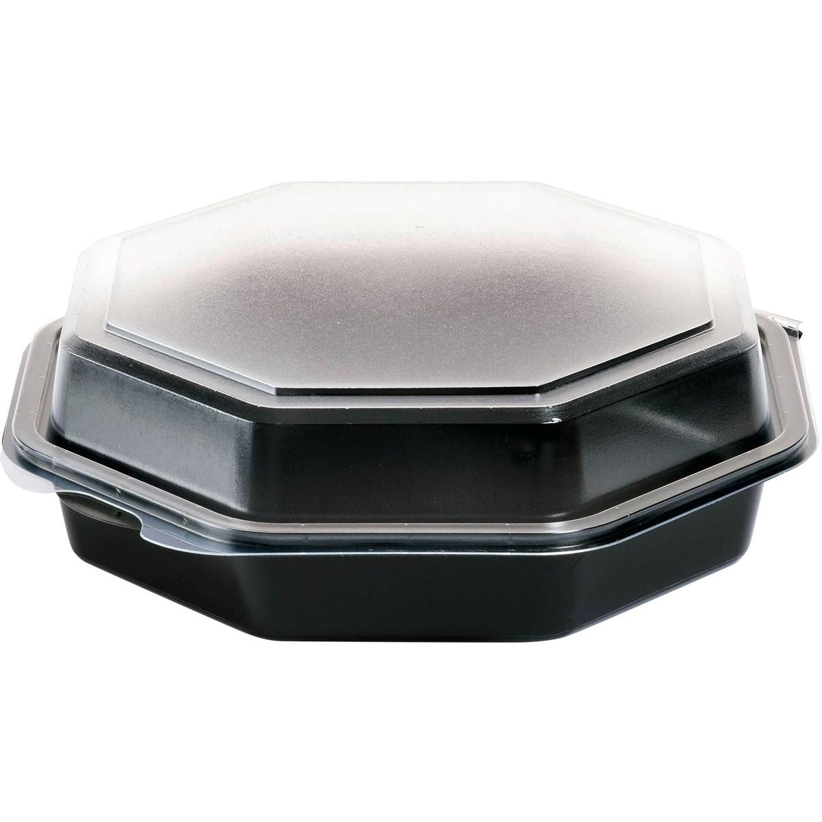 A closed Octaview® PS Black/Transparent 190x190x60 mm takeout box from Duni GmbH with a clear, octagonal lid is photographed on a white background - perfect for product presentation. Pack of 270 pieces.