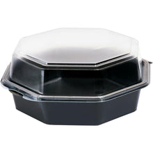 The Duni GmbH Octaview® PS Black/Transparent 190x190x80 mm Box (pack of 270 pieces) features an octagonal shape with a clear, attached lid - ideal for stylish black storage and perfect transparent PS boxes for food presentation.