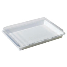 The Duni GmbH Lunchbox White Transparent (338x250x63 mm) is a clear, rectangular, flat PS tray with a raised edge and flat bottom, perfect for practical storage. Pictured on a white background. Pack of 100 pieces.