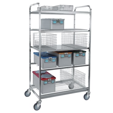 The Novocal sterile goods shelf trolley with a stainless steel frame offers flexible storage for medical facilities: Four attachable shelves, suitable for plastic and wire containers, enable easy transport thanks to wheels.