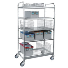 The Novocal sterile goods shelf trolley with a stainless steel frame offers flexible storage for medical facilities: Four attachable shelves, suitable for plastic and wire containers, enable easy transport thanks to wheels.