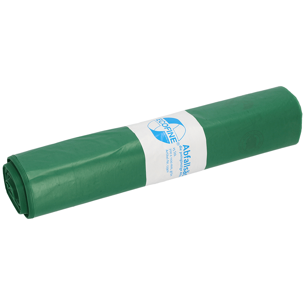 A rolled-up green DEISS ECOFINE® waste bag 13900 (120L, recycled LDPE/LLDPE) from EMIL DEISS KG, with a white-blue label, on a plain white background - ideal for environmentally friendly waste disposal.