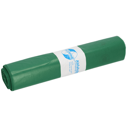 A rolled-up green DEISS ECOFINE® waste bag 13900 (120L, recycled LDPE/LLDPE) from EMIL DEISS KG, with a white-blue label, on a plain white background - ideal for environmentally friendly waste disposal.