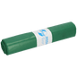 A rolled-up green DEISS ECOFINE® waste bag 13900 (120L, recycled LDPE/LLDPE) from EMIL DEISS KG, with a white-blue label, on a plain white background - ideal for environmentally friendly waste disposal.