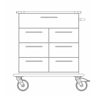 Line drawing of the Novocal dressing trolley (PAW6700-T) full plastic trolley with six drawers, right-hand handle, two large front wheels, and two small rear wheels. Designed for medical use. Brand: Novocal.