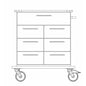 Line drawing of the Novocal dressing trolley (PAW6700-T) full plastic trolley with six drawers, right-hand handle, two large front wheels, and two small rear wheels. Designed for medical use. Brand: Novocal.