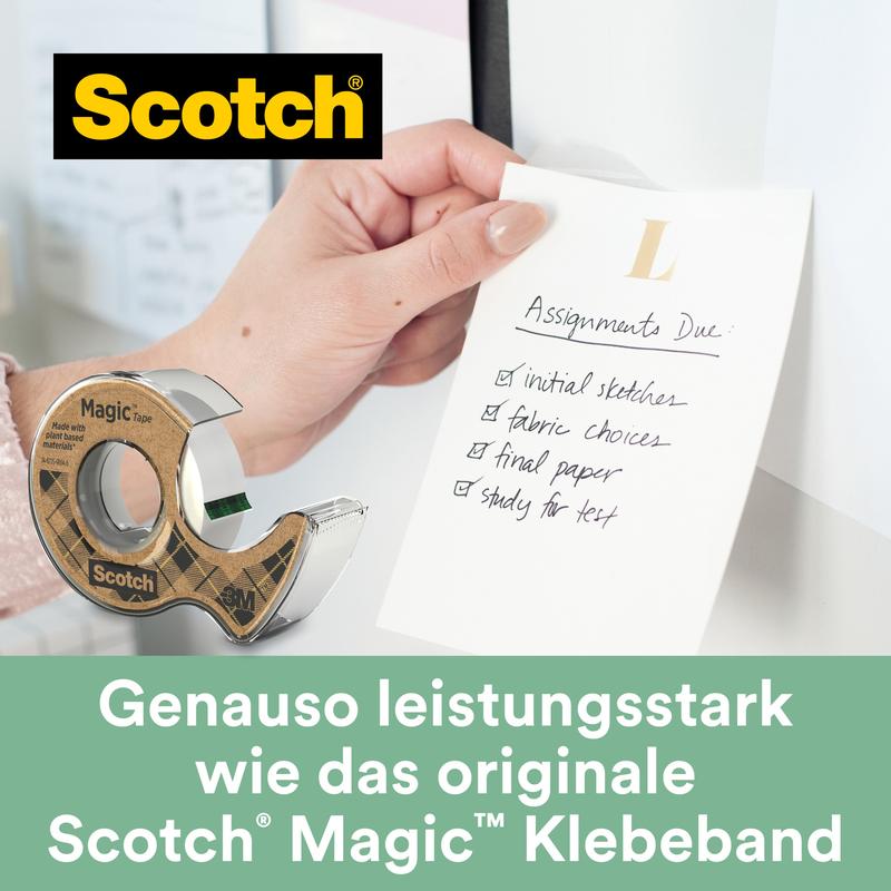 A hand attaches a note "Assignments Due" with the Scotch® Magic™ Tape (66% plant-based adhesive, dispenser made from recycled material, 19 mm x 20 m) from 3M Deutschland GmbH - sustainable and reliable.
