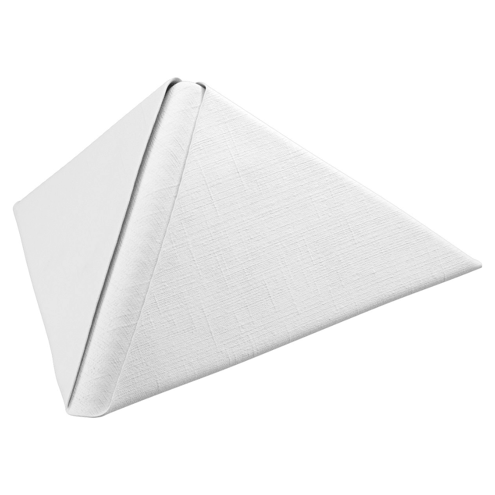 A white Dunilin® napkin from Duni GmbH, folded into a triangular pyramid shape and presented on a plain white background, offers the elegance of fabric-like disposable napkins, ideal for sustainable table decoration. Each pack contains 45 pieces and measures 40 x 40 cm.