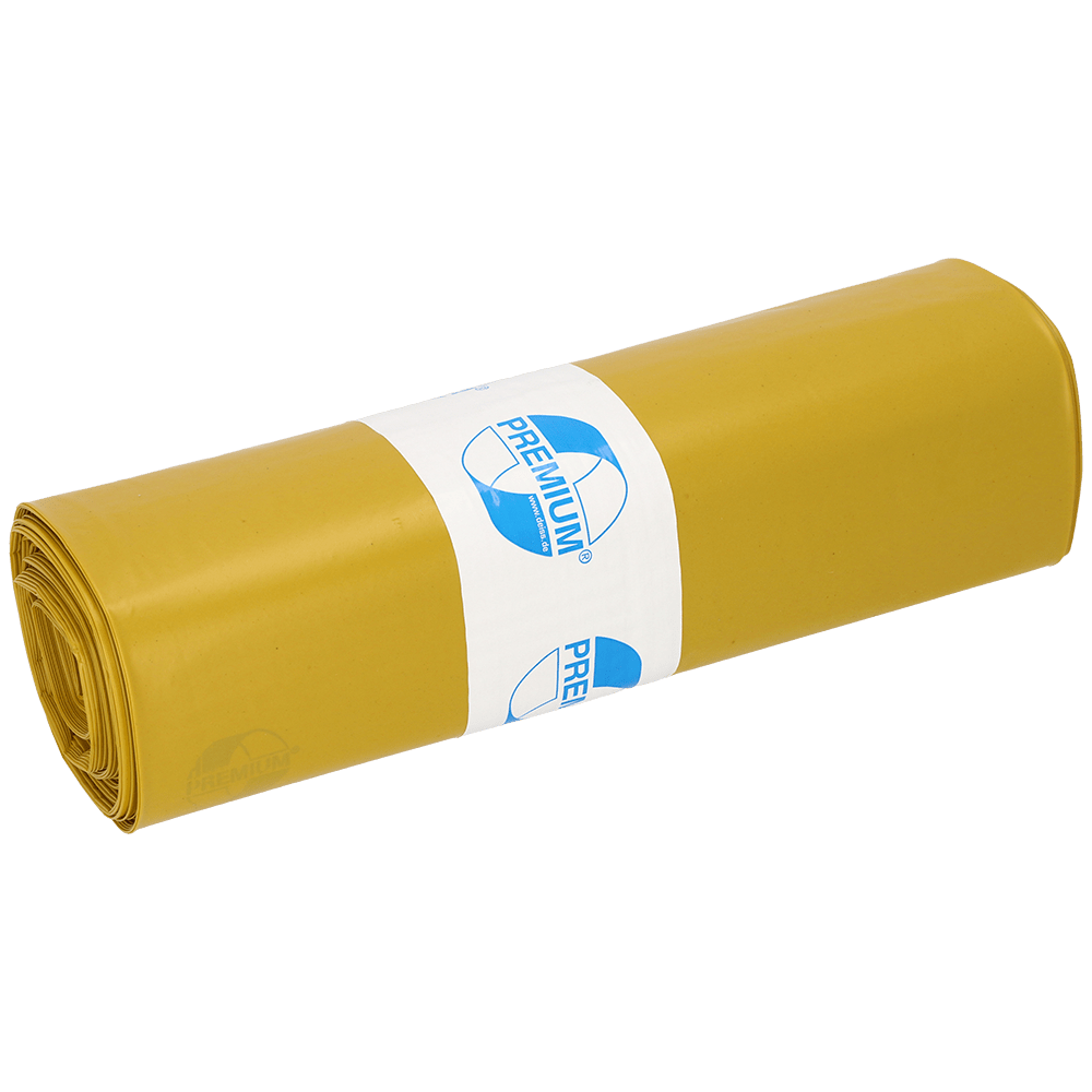 A roll of EMIL DEISS KG (GmbH + Co.) DEISS 13004 trash bags (700x1100x0.07 mm, yellow, 25 pieces) is equipped with a white label with blue text and logo. The plain white background highlights these bags for easy waste disposal.