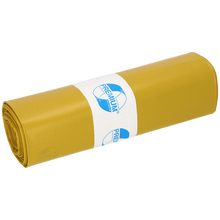 A roll of EMIL DEISS KG (GmbH + Co.) DEISS 13004 trash bags (700x1100x0.07 mm, yellow, 25 pieces) is equipped with a white label with blue text and logo. The plain white background highlights these bags for easy waste disposal.
