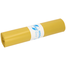 Pictured is a yellow roll of DEISS 13023 garbage bags (700x1100 mm, type 60, 25 pieces) from EMIL DEISS KG (GmbH + Co.), with a white-blue label in the middle, on a white background.