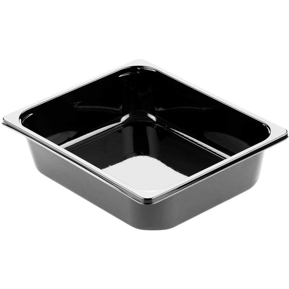 The CPET tray 1/2 GN Black CPET 325x265 from Duni GmbH is a black rectangular baking dish with a silver glossy edge, ideal for professional catering, pictured against a white background.
