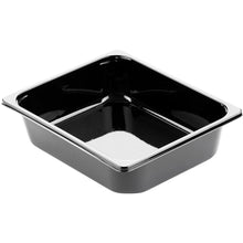 The CPET tray 1/2 GN Black CPET 325x265 from Duni GmbH is a black rectangular baking dish with a silver glossy edge, ideal for professional catering, pictured against a white background.
