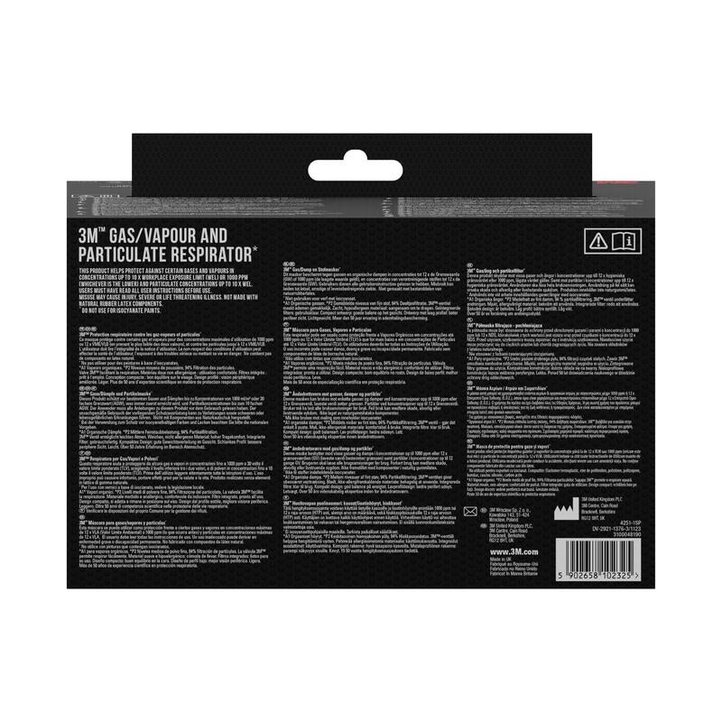 Back of a package of the 3M™ respirator with integrated filters from 3M Deutschland GmbH with product details, instructions for use, safety warnings, and barcode in multiple languages on a black background.