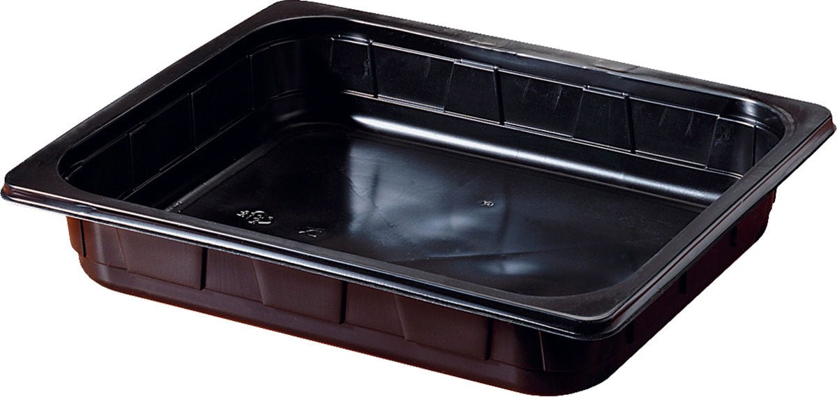 The Duni GmbH PP Tray 1/2 GN Black PP 325x265 is a black, rectangular food tray with flat sides and a smooth interior, ideal for gastronomy or catering, depicted on a white background.