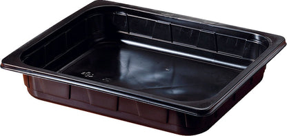 The Duni GmbH PP Tray 1/2 GN Black PP 325x265 is a black, rectangular food tray with flat sides and a smooth interior, ideal for gastronomy or catering, depicted on a white background.
