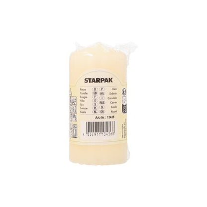 A white Starpak pillar candle with extra long burning time (Ø 50 mm, 100 mm) stands upright with a label reading “Candle” in various languages, a barcode, and product details.