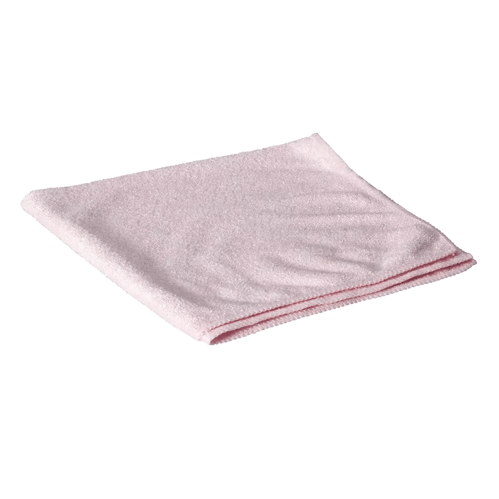 An AMPri Clean Comfort microfiber cloth 40 x 40 in light pink, neatly folded on a plain white background.