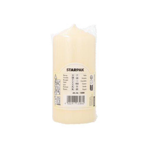 A cream-colored Starpak pillar candle (Ø 60 mm, 130 mm) with extra long burning time is wrapped in plastic and shows the brand name, product details, and barcode on a plain white background.