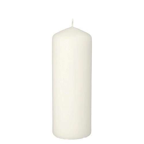 A Starpak pillar candle with an extra-long burn time (Ø 60 mm, 165 mm, white) stands upright against a white background and offers long-lasting enjoyment.