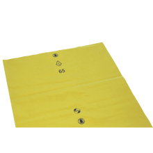 The DEISS trash bags loose 575x1000x0.01 mm from LDPE 70 l by EMIL DEISS KG (GmbH + Co.) are flat yellow LDPE plastic bags with a recycling symbol, the number 65, and two black symbols on a white background.