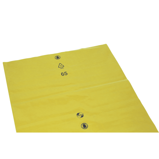 The DEISS trash bags loose 575x1000x0.01 mm from LDPE 70 l by EMIL DEISS KG (GmbH + Co.) are flat yellow LDPE plastic bags with a recycling symbol, the number 65, and two black symbols on a white background.