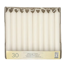 The Starpak 30 table candles (Ø 2.1 cm · 19.6 cm) are high-quality wax table candles, arranged upright in three rows in a cardboard box with a label bearing the number “30” and symbols for safety and quality—ideal for festive table decorations.