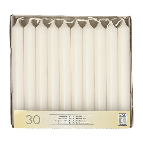 The Starpak 30 table candles (Ø 2.1 cm · 19.6 cm) are high-quality wax table candles, arranged upright in three rows in a cardboard box with a label bearing the number “30” and symbols for safety and quality—ideal for festive table decorations.