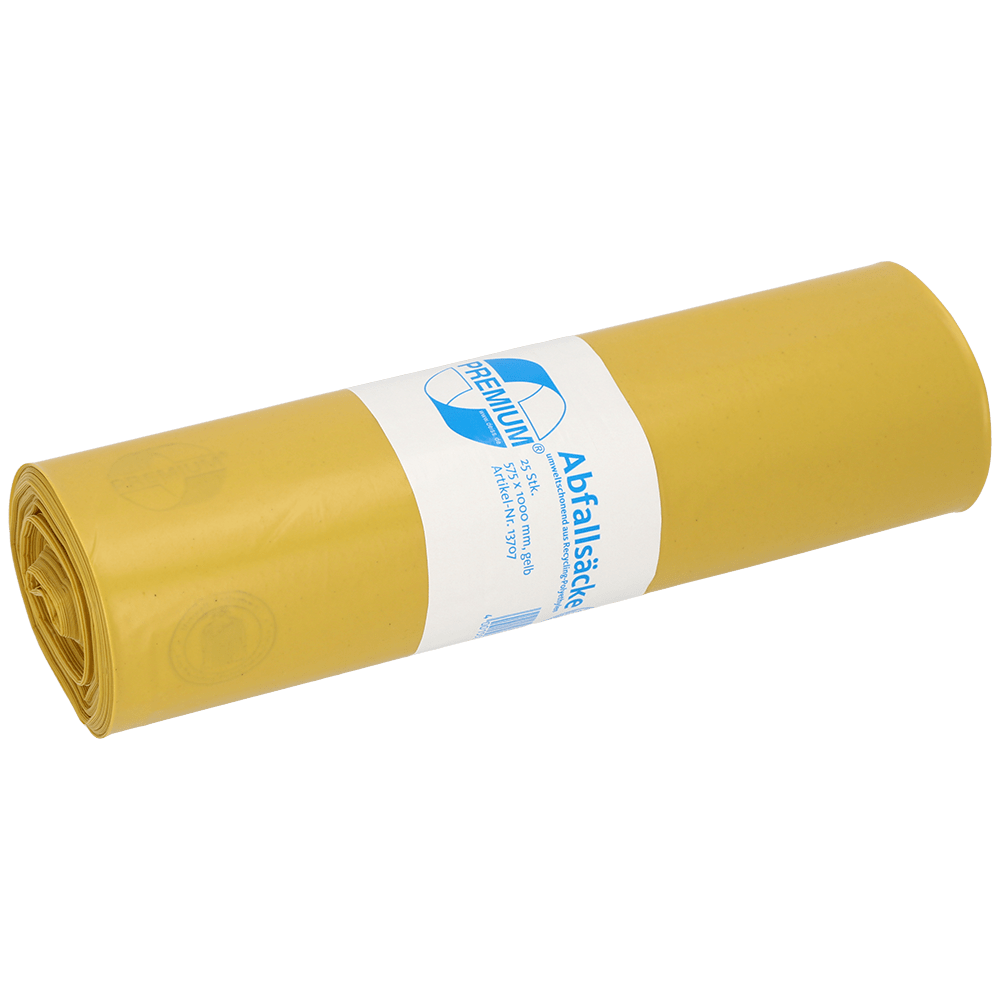 A roll of yellow DEISS trash bags 575x1000x0.06 mm made of recycled LDPE 70 l from EMIL DEISS KG (GmbH + Co.) is tightly packed with a white-blue label containing product information and branding.