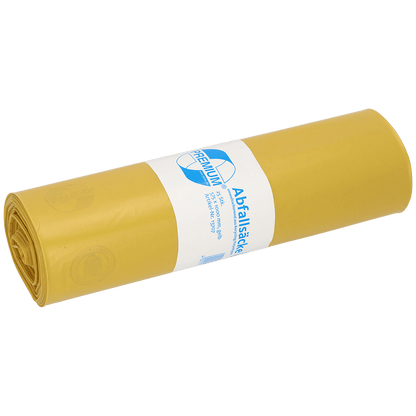 A roll of yellow DEISS trash bags 575x1000x0.06 mm made of recycled LDPE 70 l from EMIL DEISS KG (GmbH + Co.) is tightly packed with a white-blue label containing product information and branding.