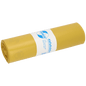 A roll of yellow DEISS trash bags 575x1000x0.06 mm made of recycled LDPE 70 l from EMIL DEISS KG (GmbH + Co.) is tightly packed with a white-blue label containing product information and branding.