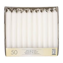 A box containing 50 Starpak table candles (Ø 2.1 cm · 19.6 cm) in white, standing upright in a cardboard tray. Each candle is unused with an intact wick; the packaging includes multilingual product information to create an elegant atmosphere.