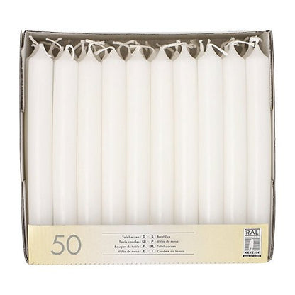 A box of 50 Starpak table candles (Ø 2.1 cm · 19.6 cm) in white, upright in a cardboard tray. Each candle is unused with an intact wick; the packaging features multilingual product information for an elegant atmosphere.