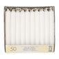 A box of 50 Starpak table candles (Ø 2.1 cm · 19.6 cm) in white, upright in a cardboard tray. Each candle is unused with an intact wick; the packaging features multilingual product information for an elegant atmosphere.